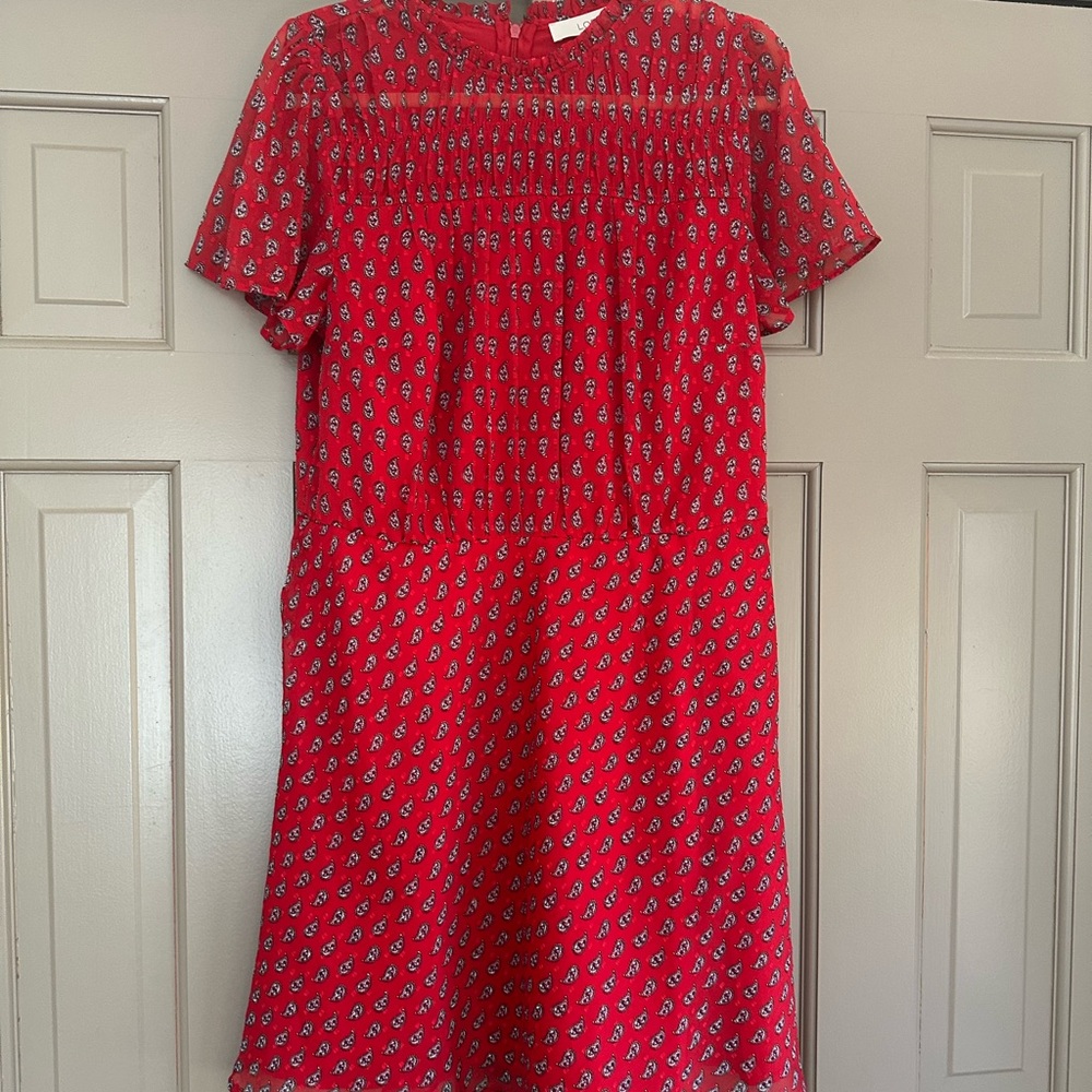 LOFT Red and Blue Patterned Midi Dress